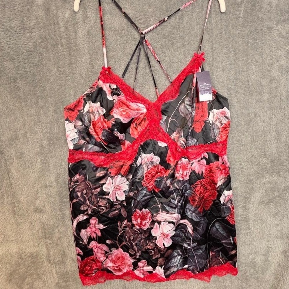 Cacique Seriously Sexy Floral Satin Lace Camisole Red Black Strappy Back‎ 14/16